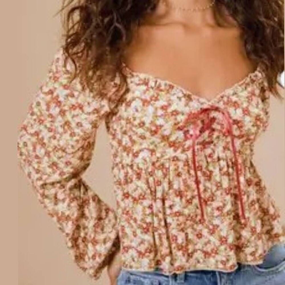 Altar'd State brick red blush pink floral crop long sleeve lace up corset top S